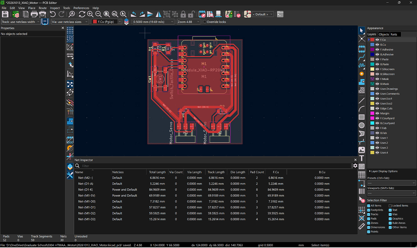 Servo board routed on the front copper layer with the Net Inspector open